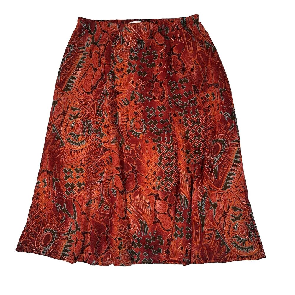 Coldwater Creek Midi Skirt Womens L‎ Orange Abstract Tribal Geometric Boho Flowy